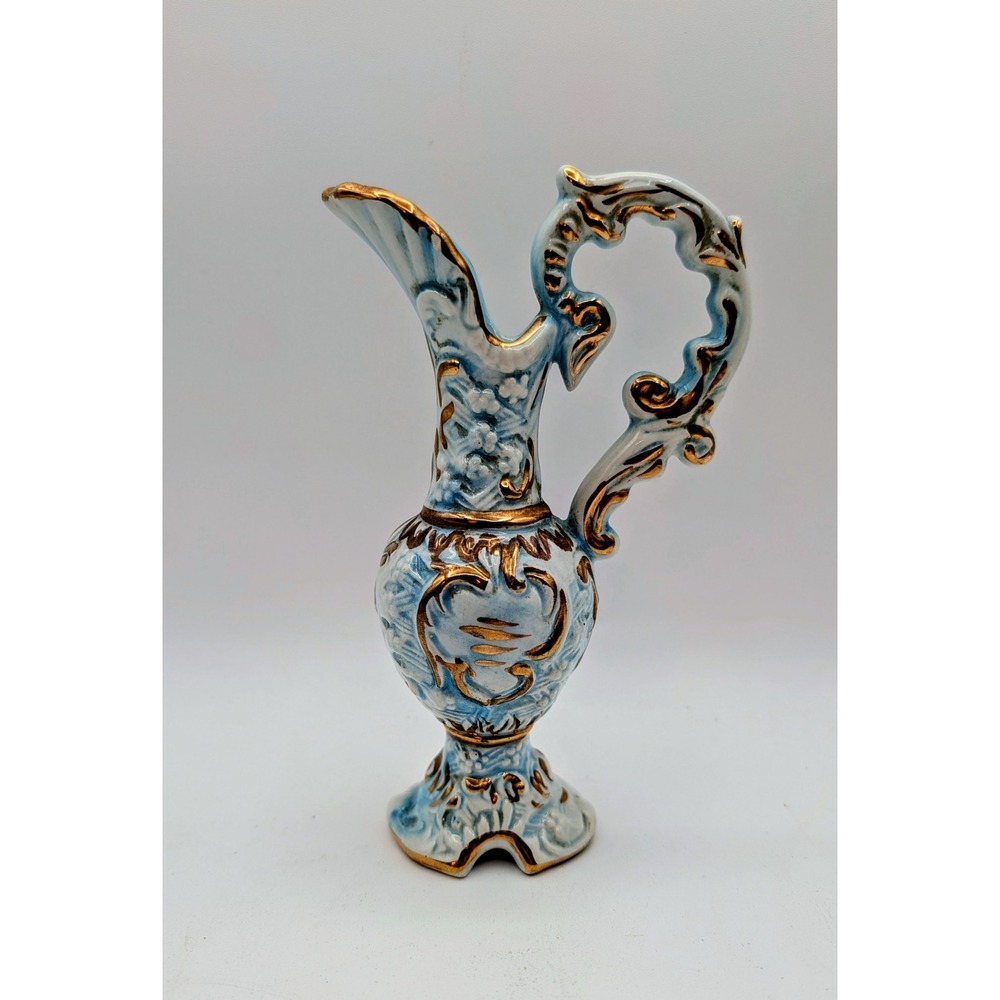 Vintage Capodimonte Italy Blue Gold Gilt Miniature Pitcher Ewer Vase Signed 6.5"